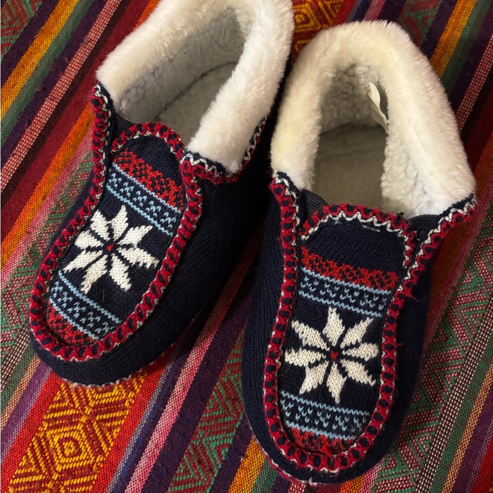 Navy Red and White Knit Slippers with Snowflake Pattern